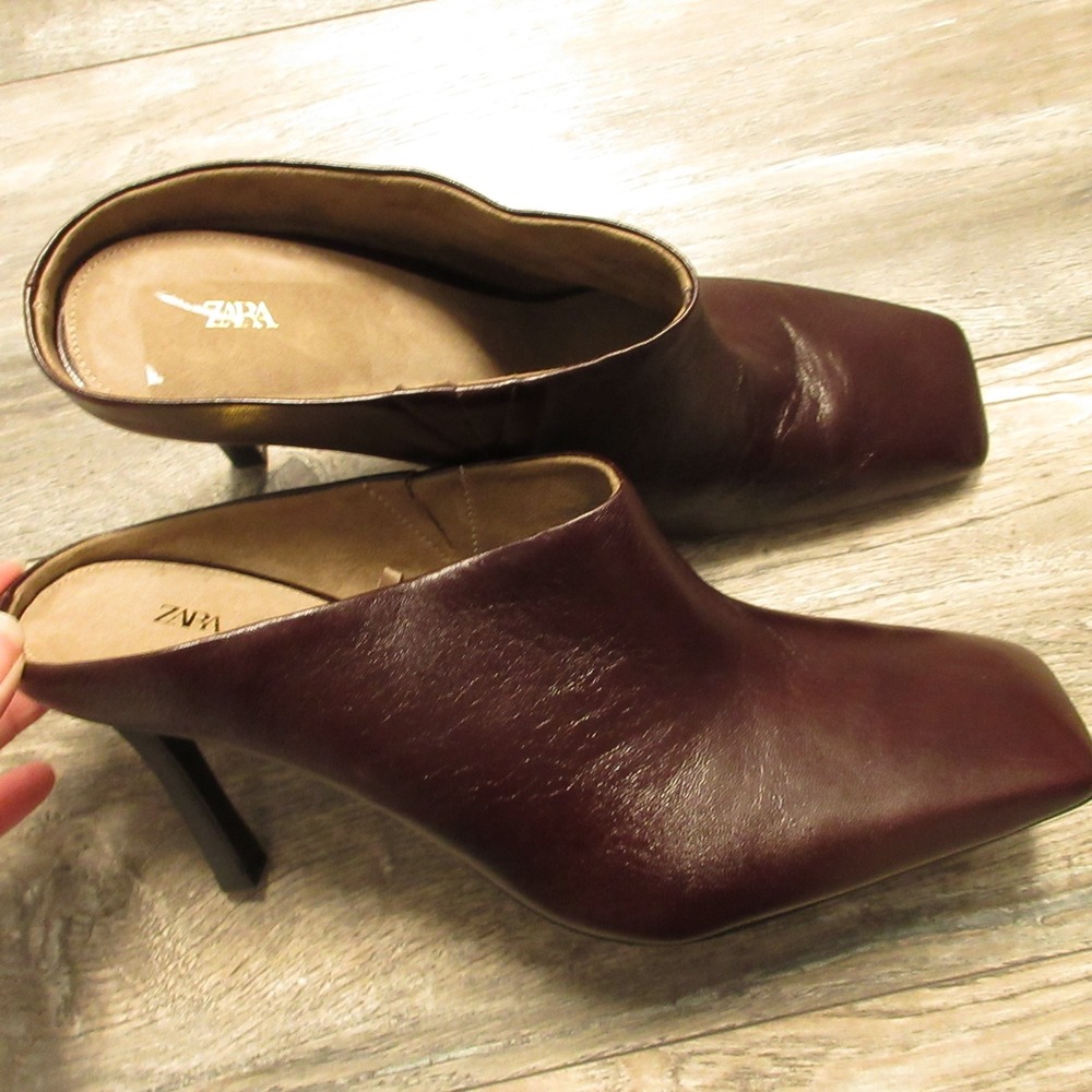 Zara Heels Square Toe Mules Dark Brown Leather Stiletto Slip On Minimalist Chic